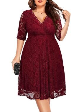 NWT Plus Size Burgundy Lace V-Neck Midi Cocktail Dress Size 26W